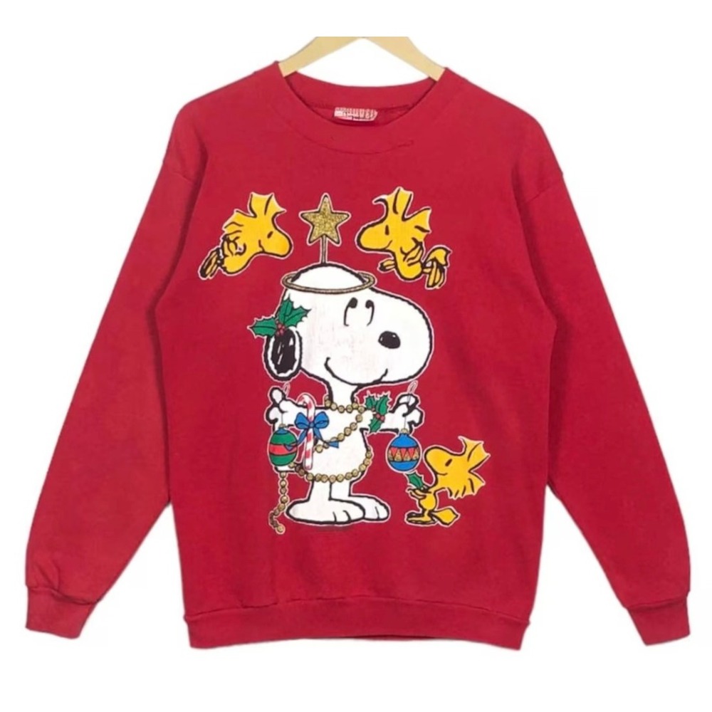 VTG Peanuts Charlie Brown RED CHRISTMAS SWEATSHIRT Snoopy Woodstock Ornaments L